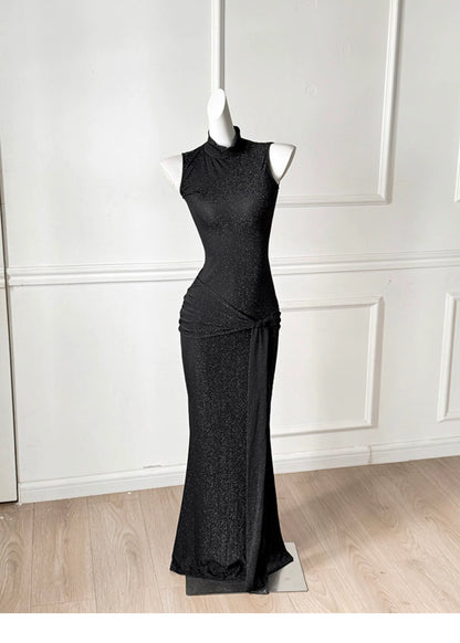 Black Glitter High Neck Sleeveless Mermaid Maxi Dress, Evening Party Dress F0483