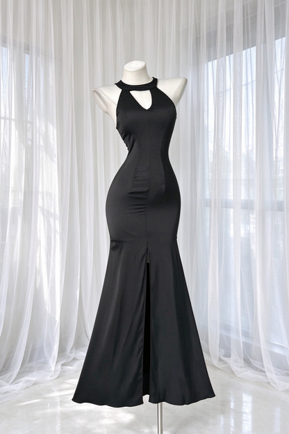 Black Halter Neck Keyhole Split Mermaid Long Evening Dress F0518