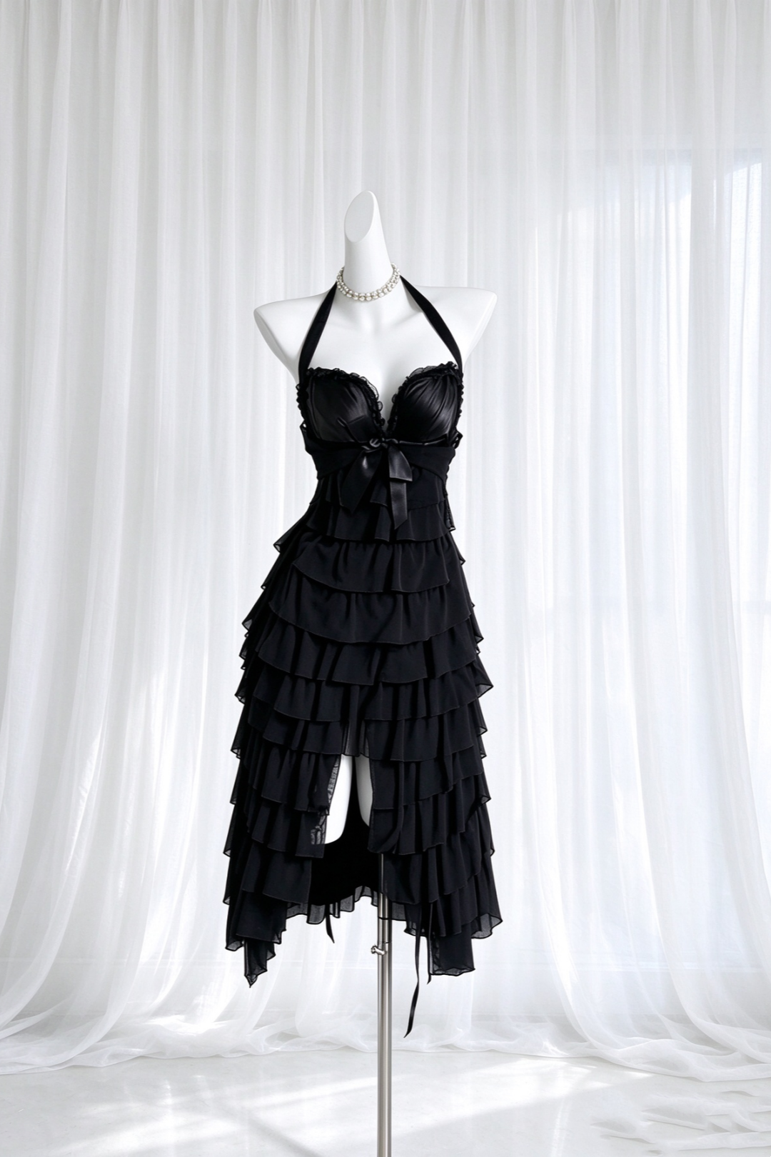 Black Halter Tiered Ruffle High Low Cocktail Evening Dress F0524
