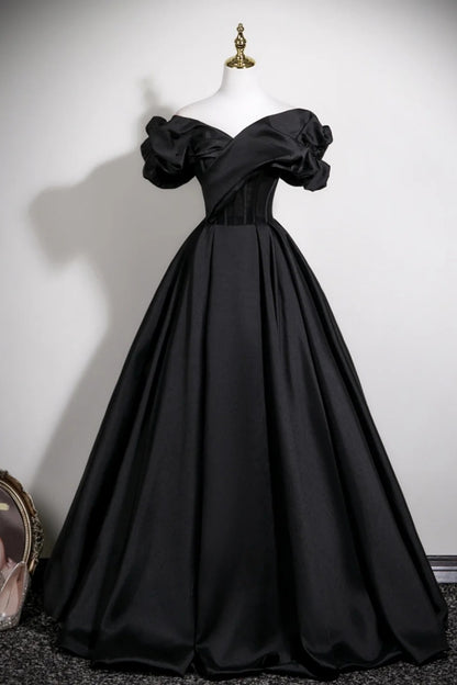 Black Satin Off Shoulder Puff Sleeve Ball Gown Evening Dress F0523