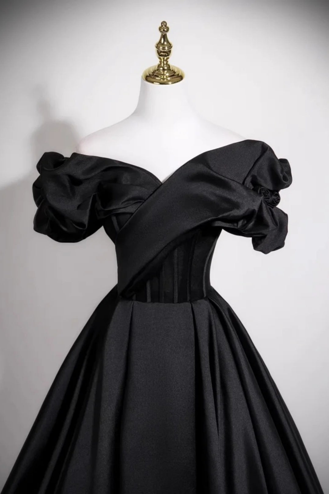 Black Satin Off Shoulder Puff Sleeve Ball Gown Evening Dress F0523