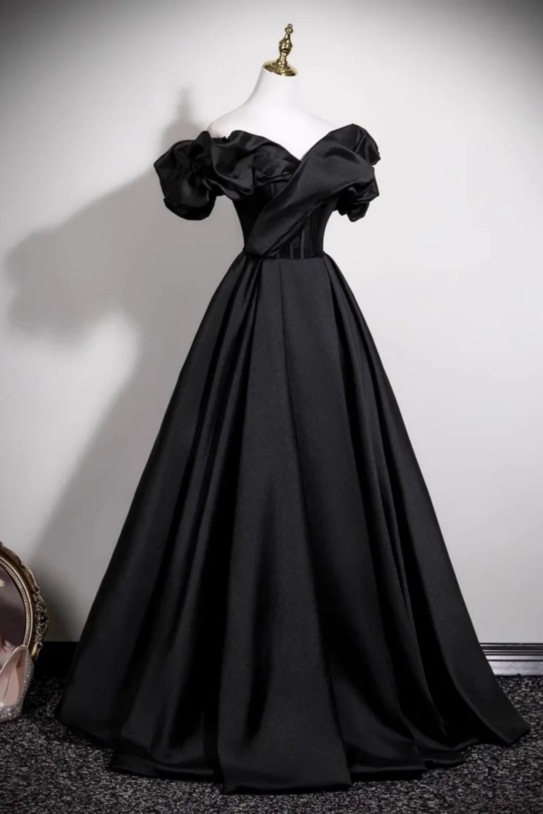 Black Satin Off Shoulder Puff Sleeve Ball Gown Evening Dress F0523
