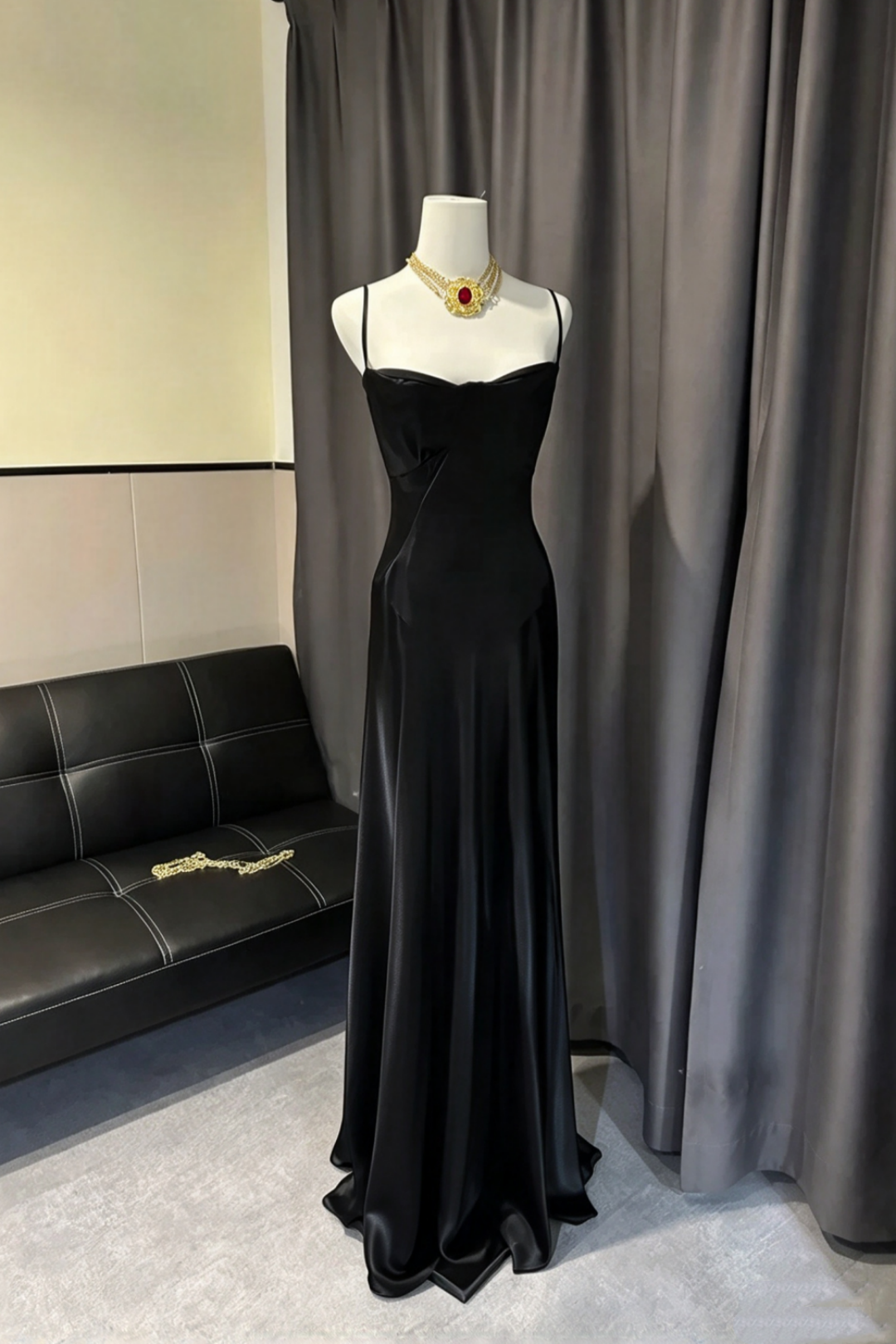 Black Satin Spaghetti Strap Long Evening Dress Lace Up Back Formal Gown F0427