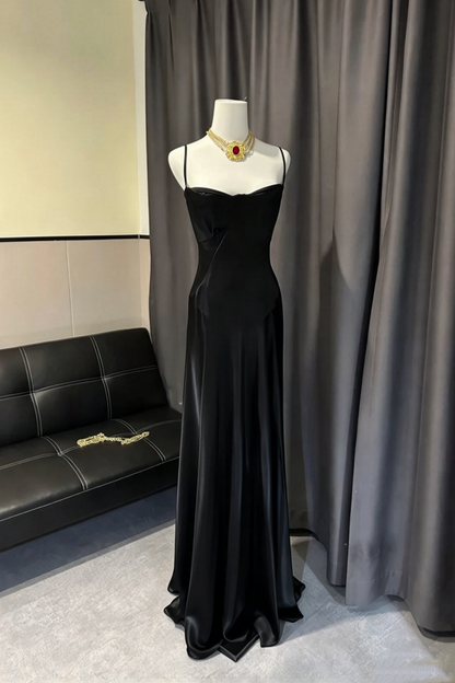 Black Satin Spaghetti Strap Long Evening Dress Lace Up Back Formal Gown F0427