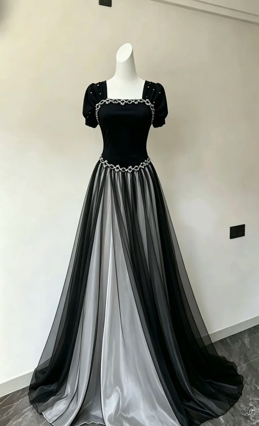 Black Square Neck Puff Sleeve Tulle A Line Long Evening Dress F0513