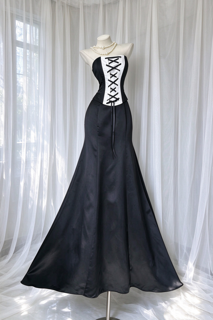 Black Strapless Lace Up Corset Mermaid Long Evening Dress F0517