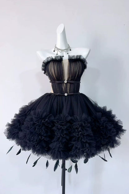 Black Strapless Tulle Feather Mini Homecoming Dress F0331