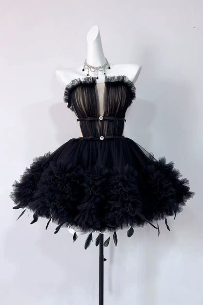 Black Strapless Tulle Feather Mini Homecoming Dress F0331