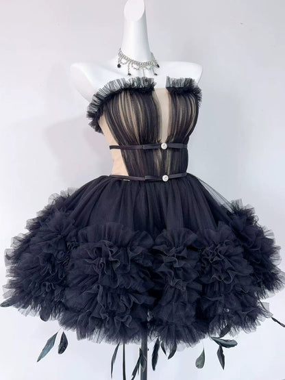 Black Strapless Tulle Feather Mini Homecoming Dress F0331