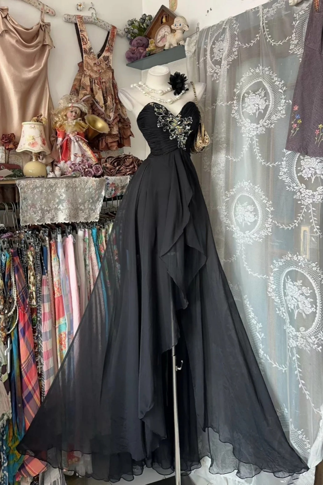 Black Sweetheart Strapless Beaded Chiffon A Line Long Evening Dress F0520