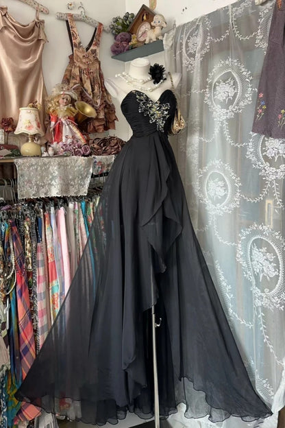 Black Sweetheart Strapless Beaded Chiffon A Line Long Evening Dress F0520