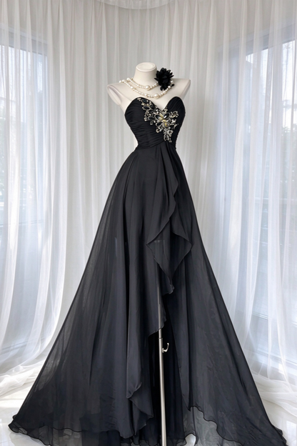 Black Sweetheart Strapless Beaded Chiffon A Line Long Evening Dress F0520