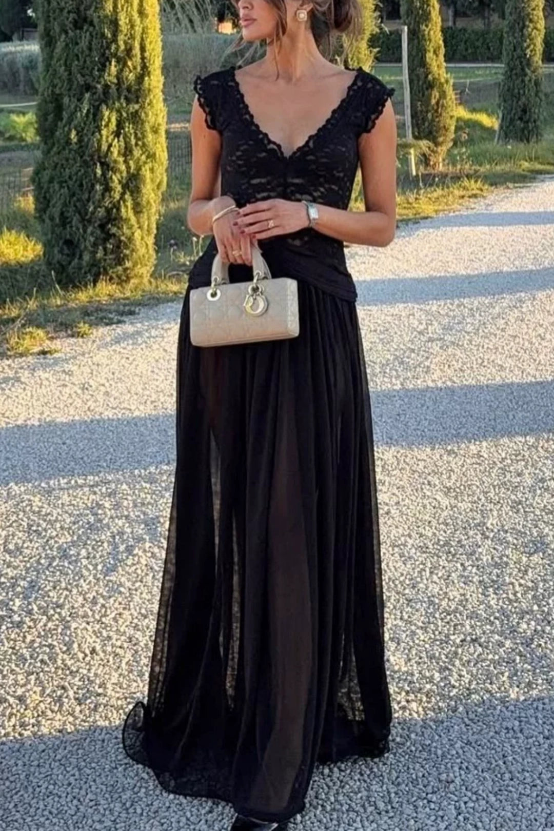Black V Neck Lace Chiffon Evening Dress Ruched Waist Sheer Flowy Gown L043