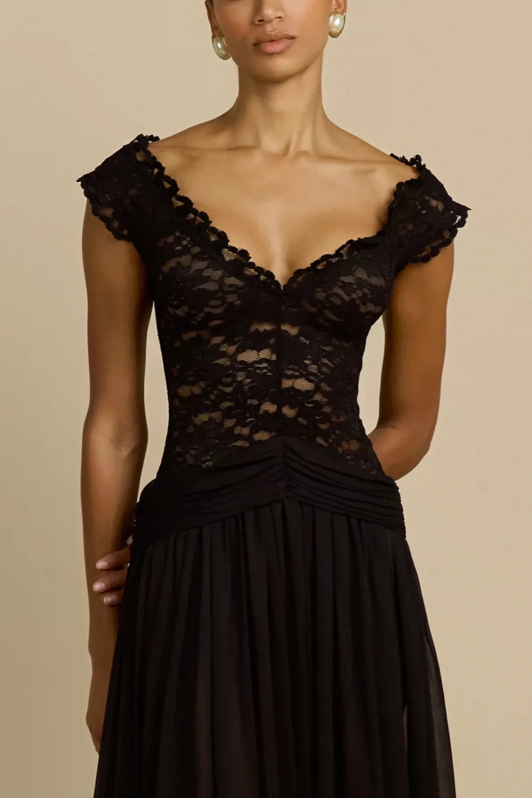 Black V Neck Lace Chiffon Evening Dress Ruched Waist Sheer Flowy Gown L043