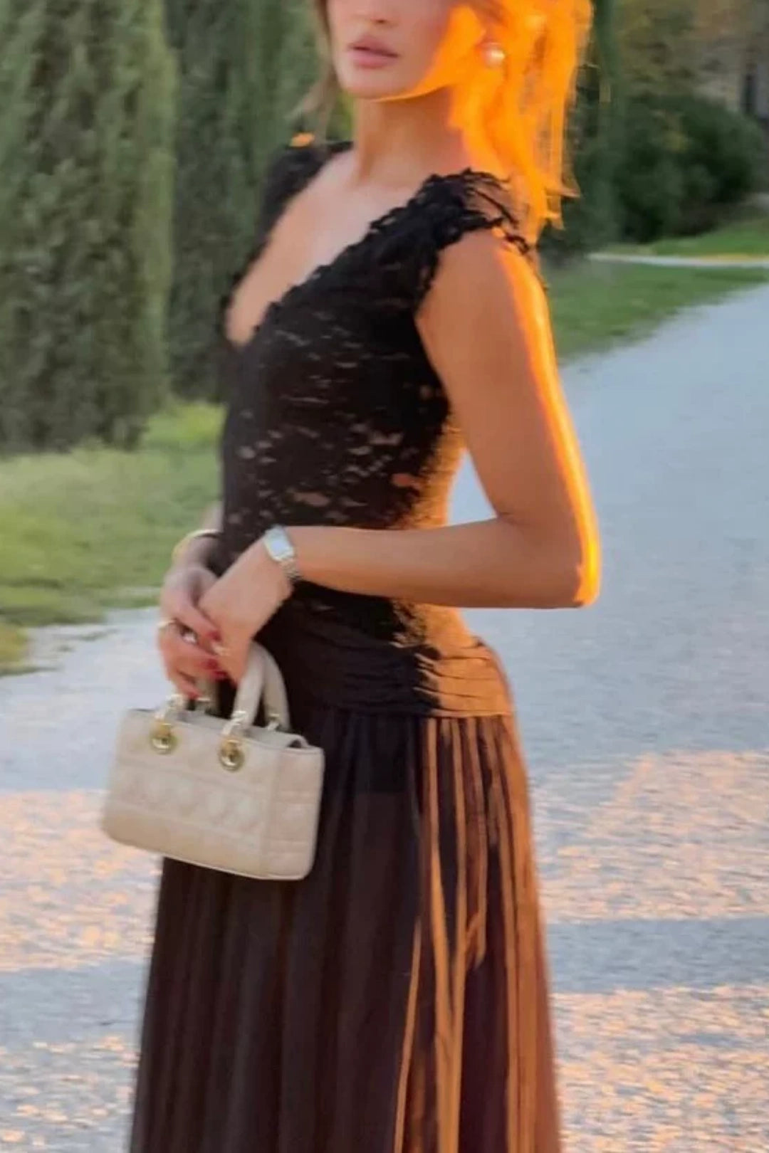 Black V Neck Lace Chiffon Evening Dress Ruched Waist Sheer Flowy Gown L043