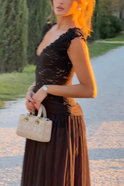 Black V Neck Lace Chiffon Evening Dress Ruched Waist Sheer Flowy Gown L043
