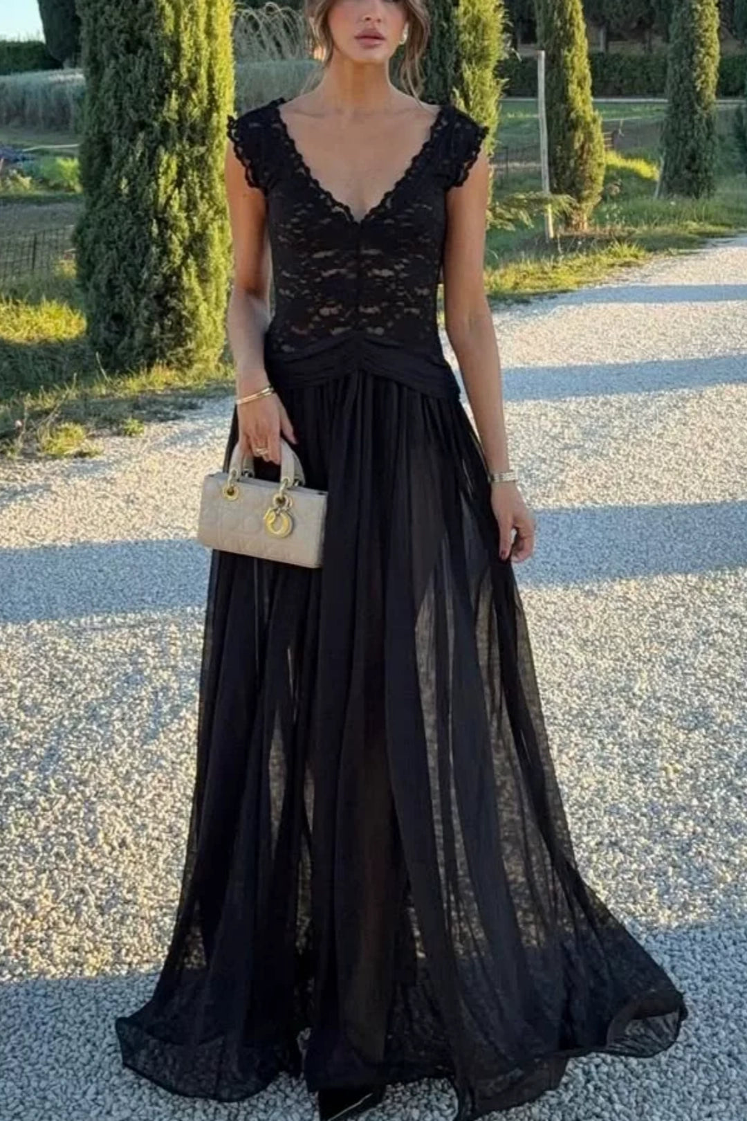 Black V Neck Lace Chiffon Evening Dress Ruched Waist Sheer Flowy Gown L043