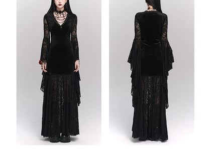 Black Velvet Lace Flare Sleeve Gothic Maxi Party Dress F0502