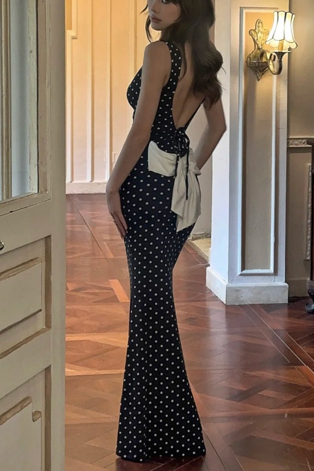 Black White Polka Dot Evening Dress Open Back Big Bow Mermaid Gown F0384