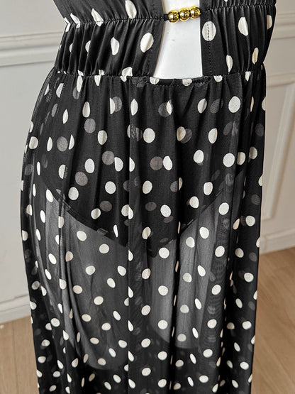 Black White Polka Dot Spaghetti Strap Maxi Dress, Vacation Dress F0481
