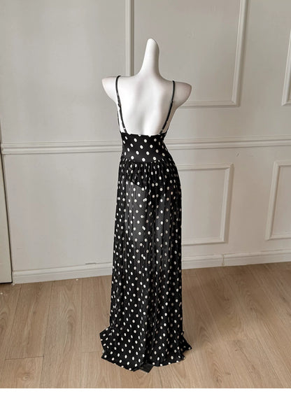 Black White Polka Dot Spaghetti Strap Maxi Dress, Vacation Dress F0481