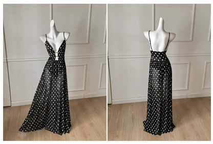 Black White Polka Dot Spaghetti Strap Maxi Dress, Vacation Dress F0481