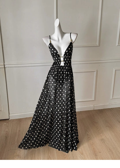 Black White Polka Dot Spaghetti Strap Maxi Dress, Vacation Dress F0481