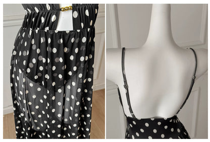 Black White Polka Dot Spaghetti Strap Maxi Dress, Vacation Dress F0481