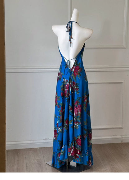 Blue Floral Halter Deep V Backless Maxi Dress F0465