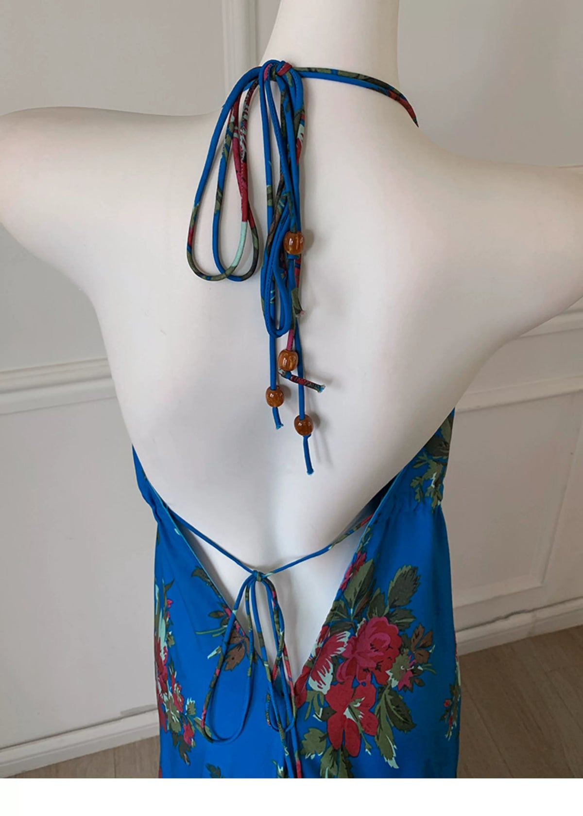 Blue Floral Halter Deep V Backless Maxi Dress F0465