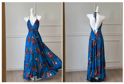Blue Floral Halter Deep V Backless Maxi Dress F0465