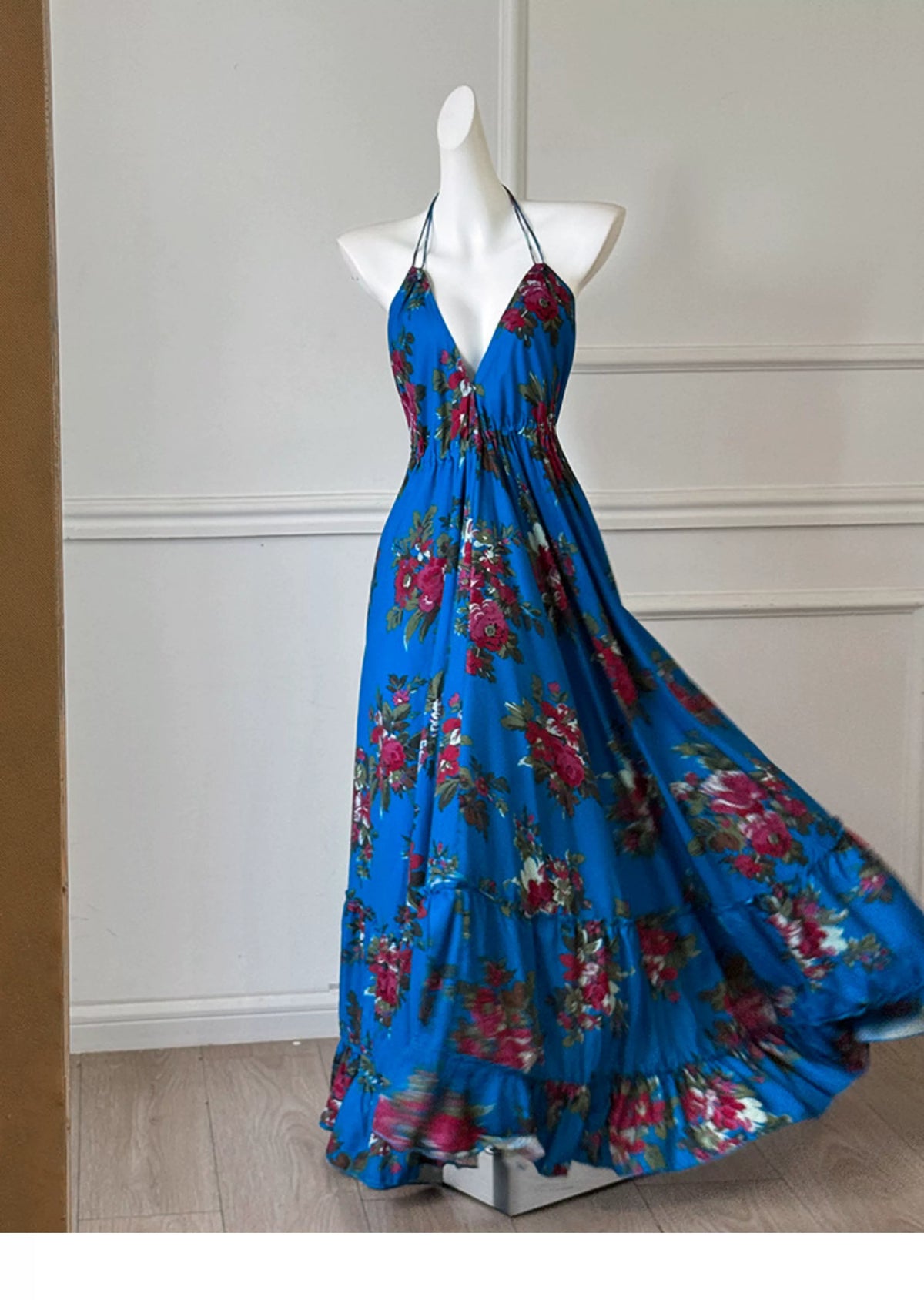 Blue Floral Halter Deep V Backless Maxi Dress F0465