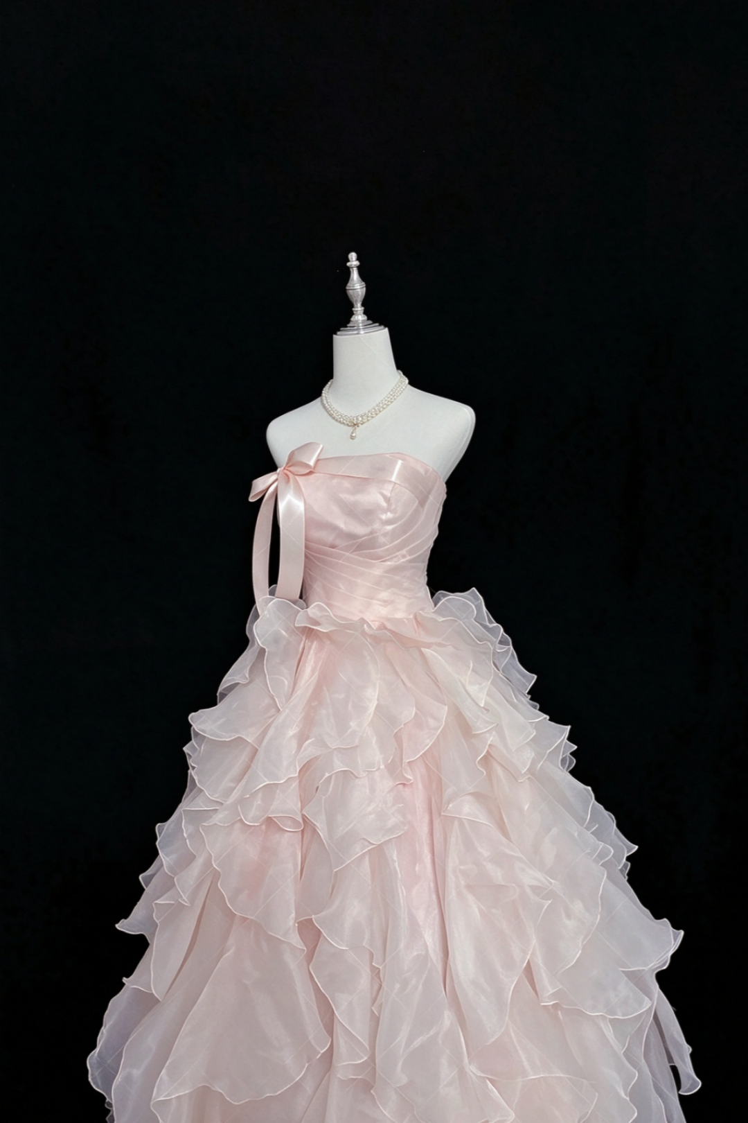 Blush Pink Strapless Organza Ball Gown With Satin Bow  F0387