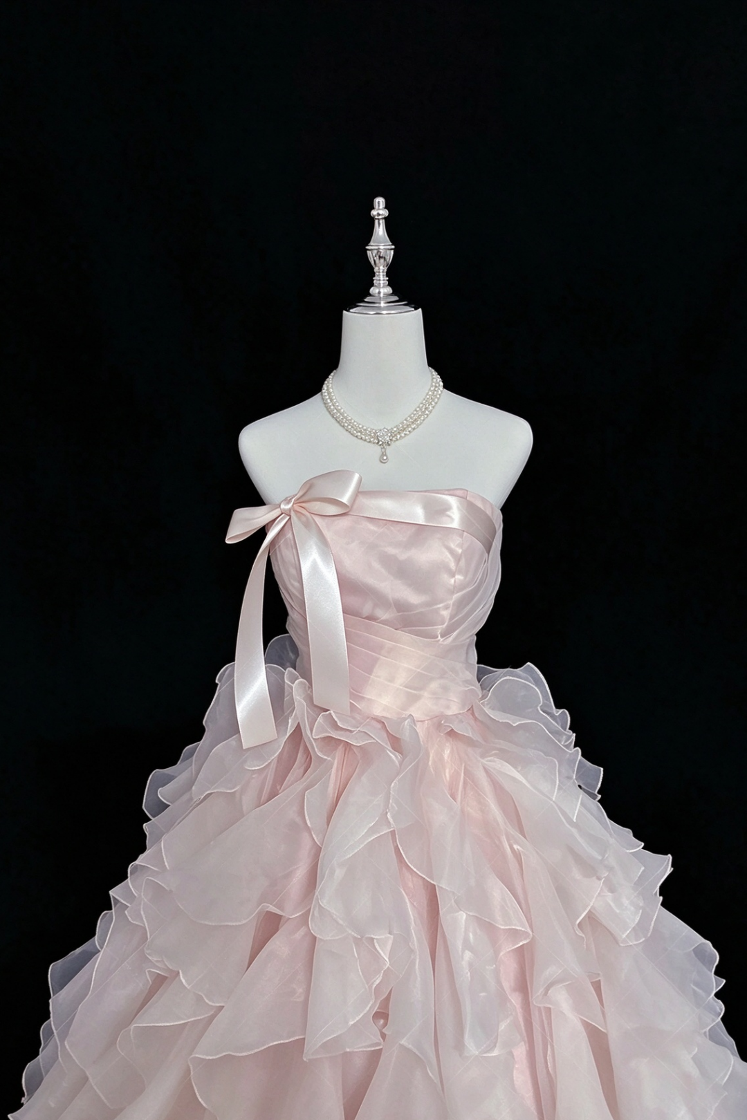 Blush Pink Strapless Organza Ball Gown With Satin Bow  F0387