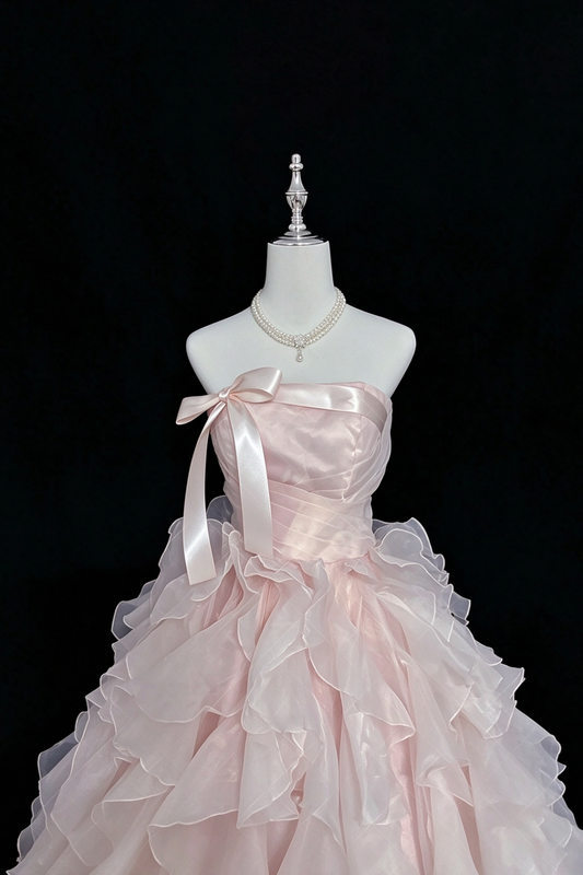 Blush Pink Strapless Organza Ball Gown With Satin Bow  F0387