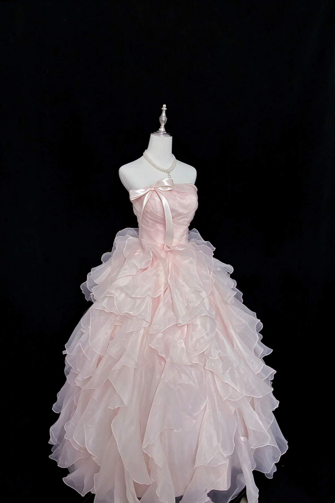 Blush Pink Strapless Organza Ball Gown With Satin Bow  F0387