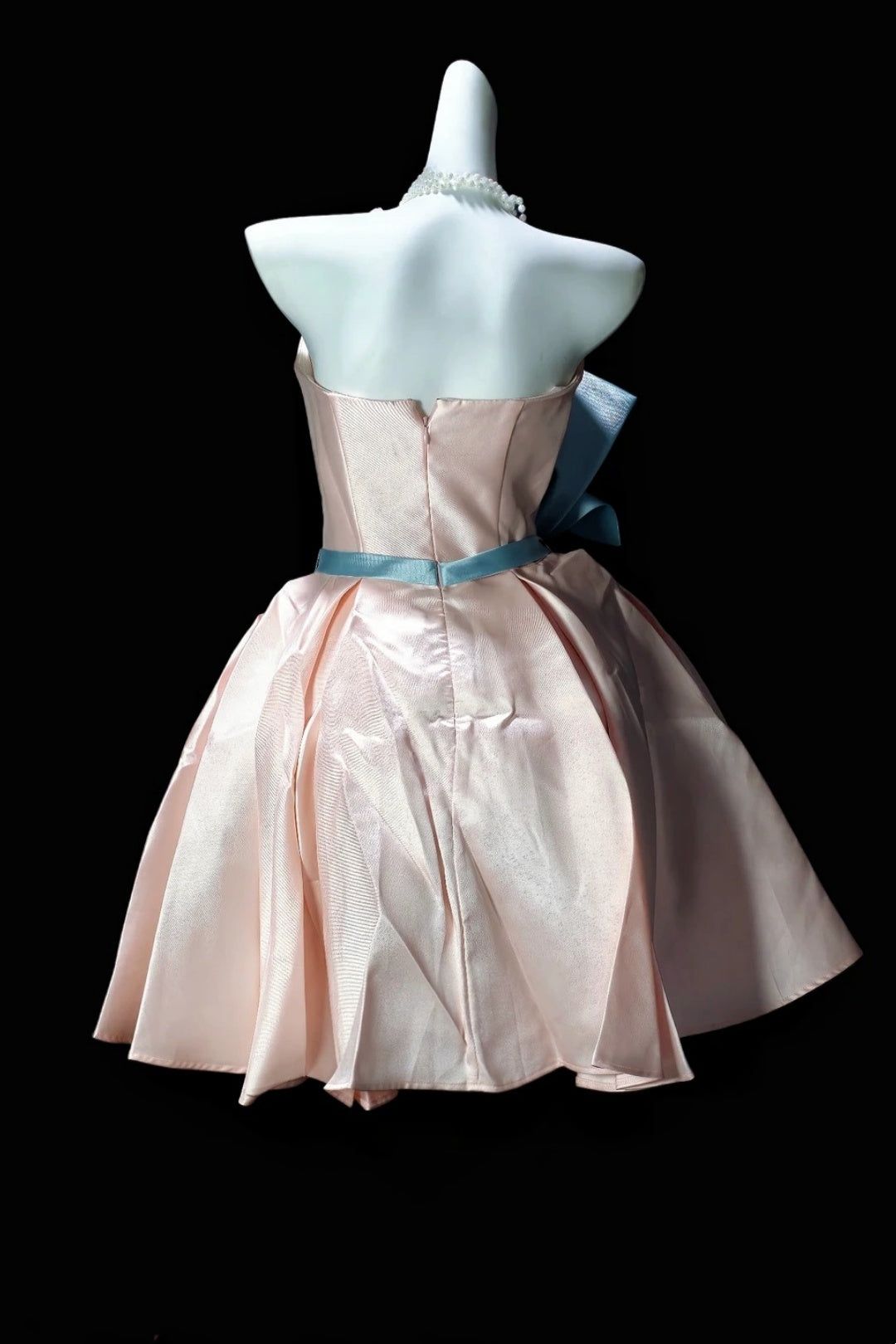 Blush Strapless Short Dress With Large Sky Blue Bow F0365