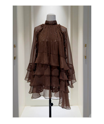 Brown High Neck Ruffle Tiered Short Party Dress F0447