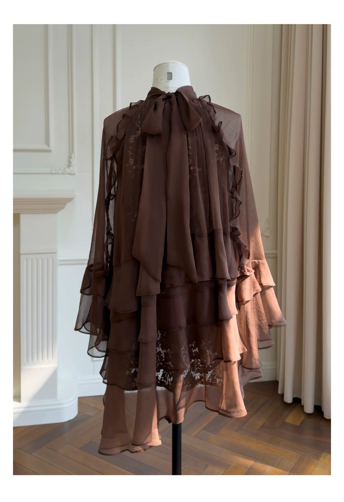 Brown High Neck Ruffle Tiered Short Party Dress F0447