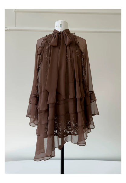 Brown High Neck Ruffle Tiered Short Party Dress F0447