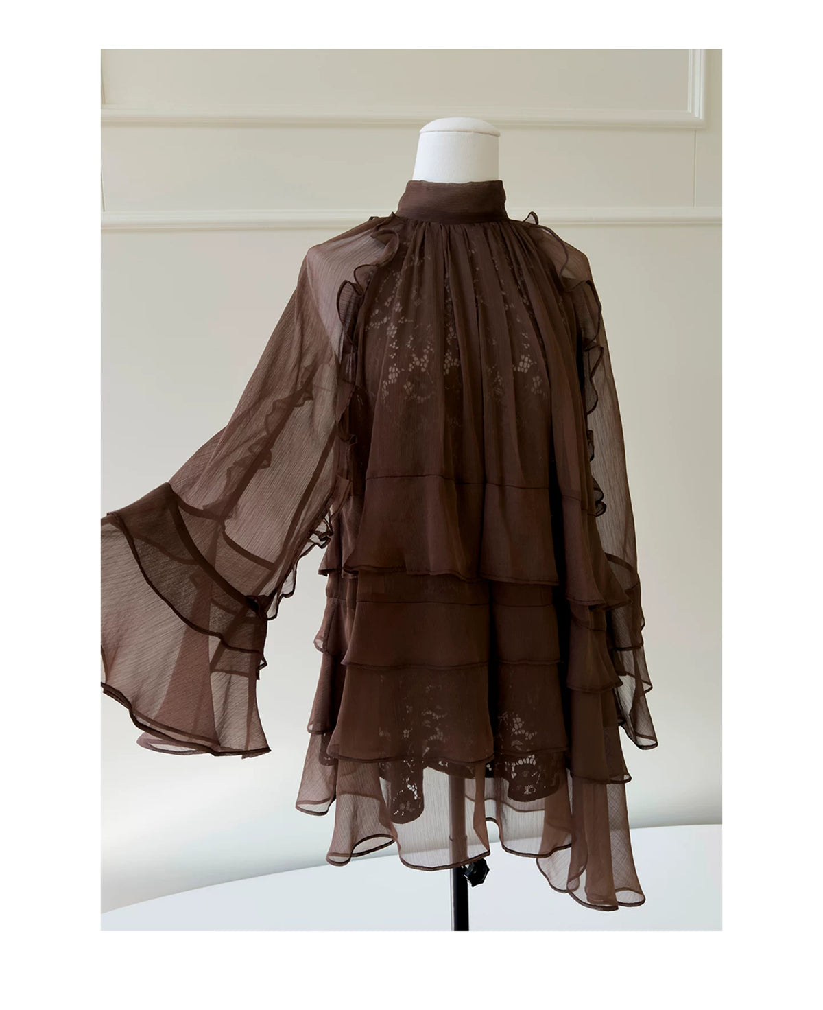 Brown High Neck Ruffle Tiered Short Party Dress F0447