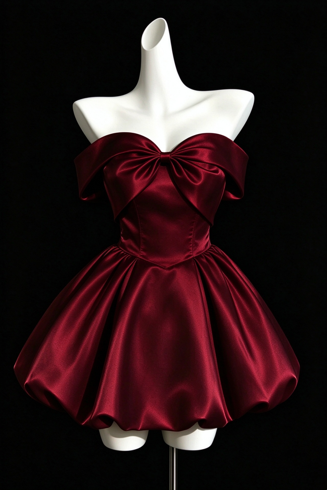 Burgundy-Satin-Short-Puff-Dress