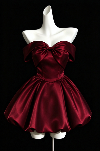 Burgundy-Satin-Short-Puff-Dress