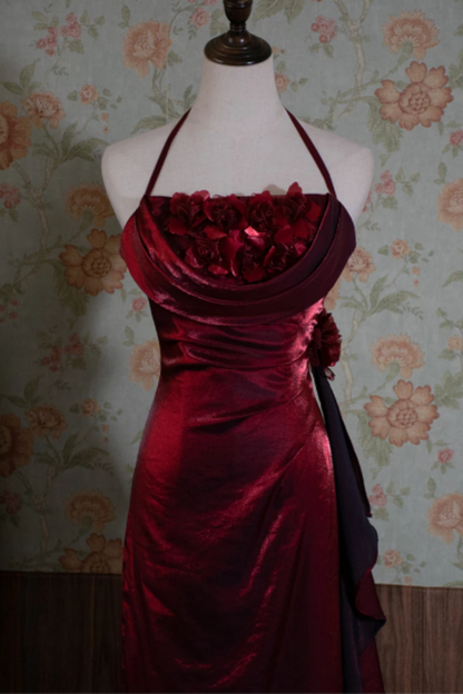 Burgundy Halter Mermaid Formal Dress with 3D Florals L030