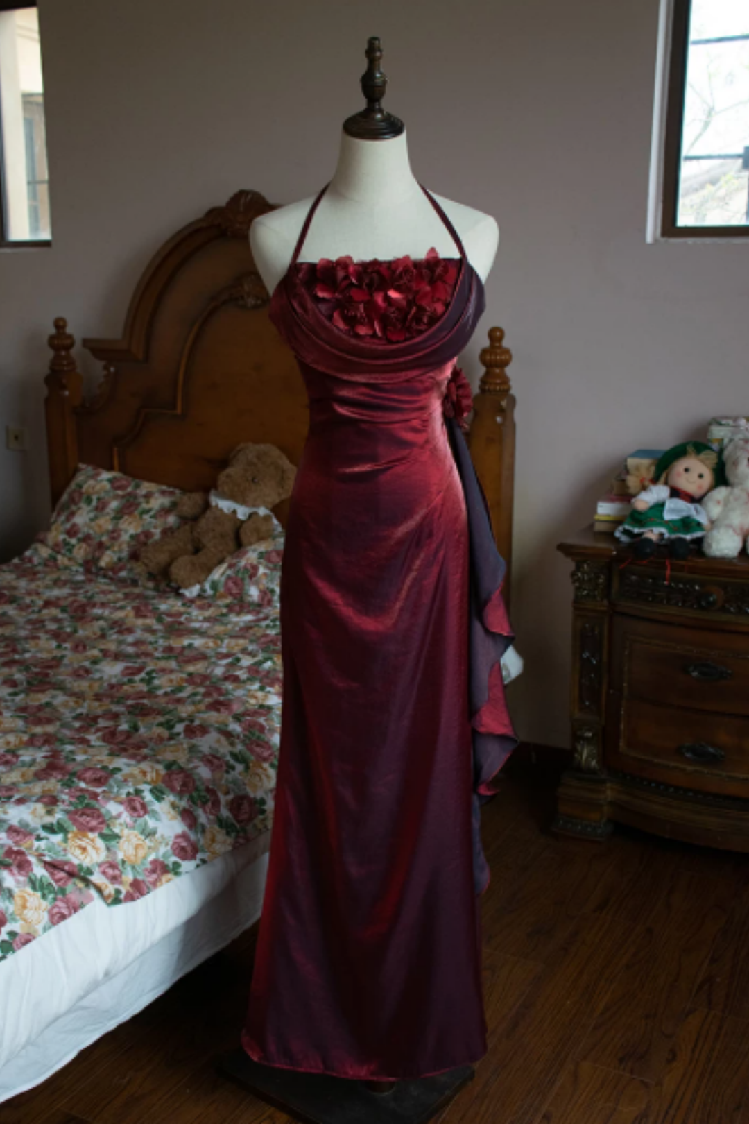 Burgundy Halter Mermaid Formal Dress with 3D Florals L030