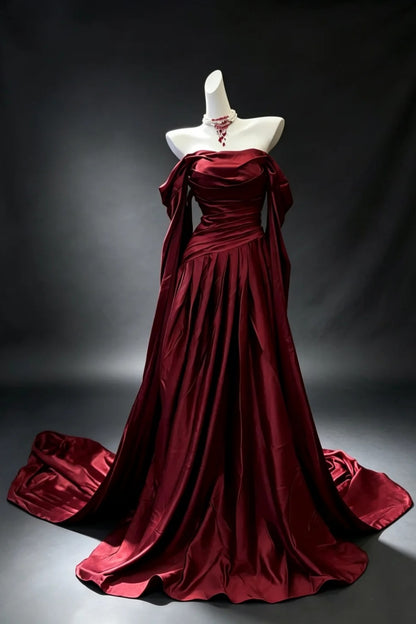 Burgundy Off Shoulder Satin Evening Dress F0332