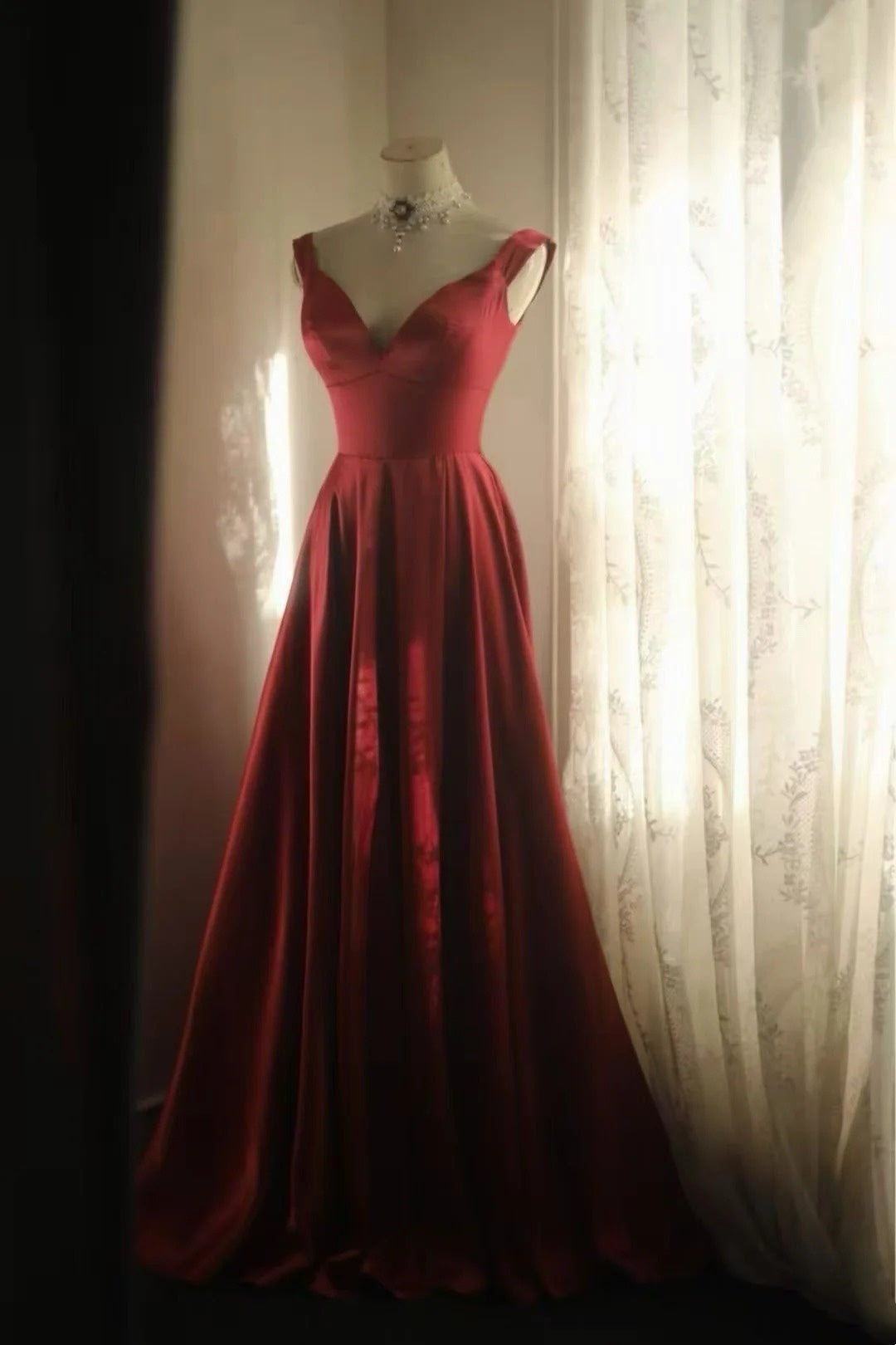 Burgundy Satin A-Line Long Dress V Neck Cap Sleeve F0367