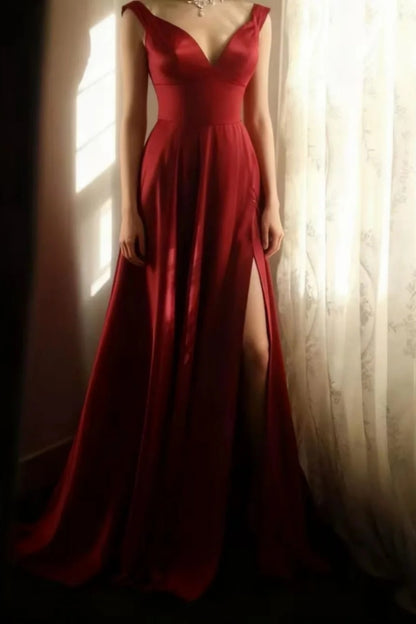 Burgundy Satin A-Line Long Dress V Neck Cap Sleeve F0367