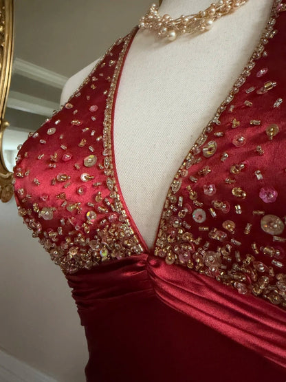 Burgundy Satin Halter Beaded Long Evening Dress F0391