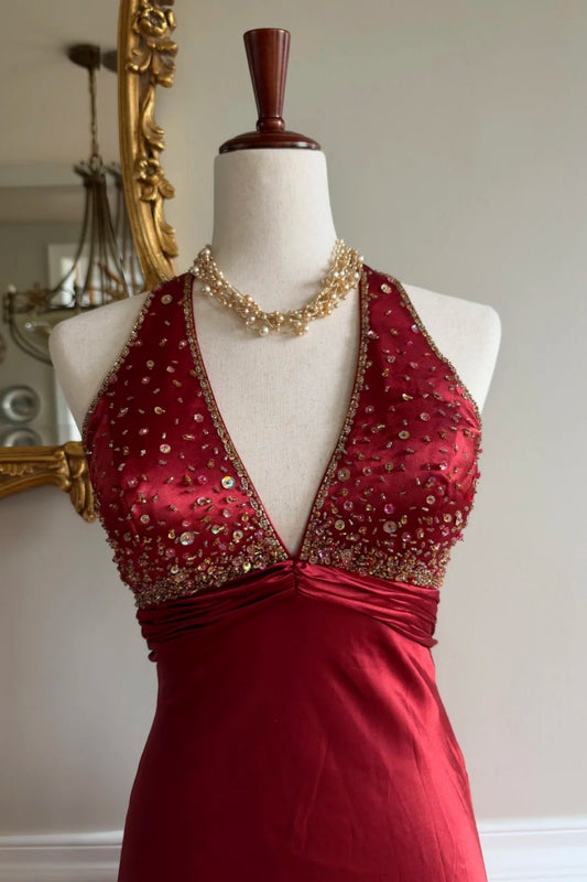 Burgundy Satin Halter Beaded Long Evening Dress F0391